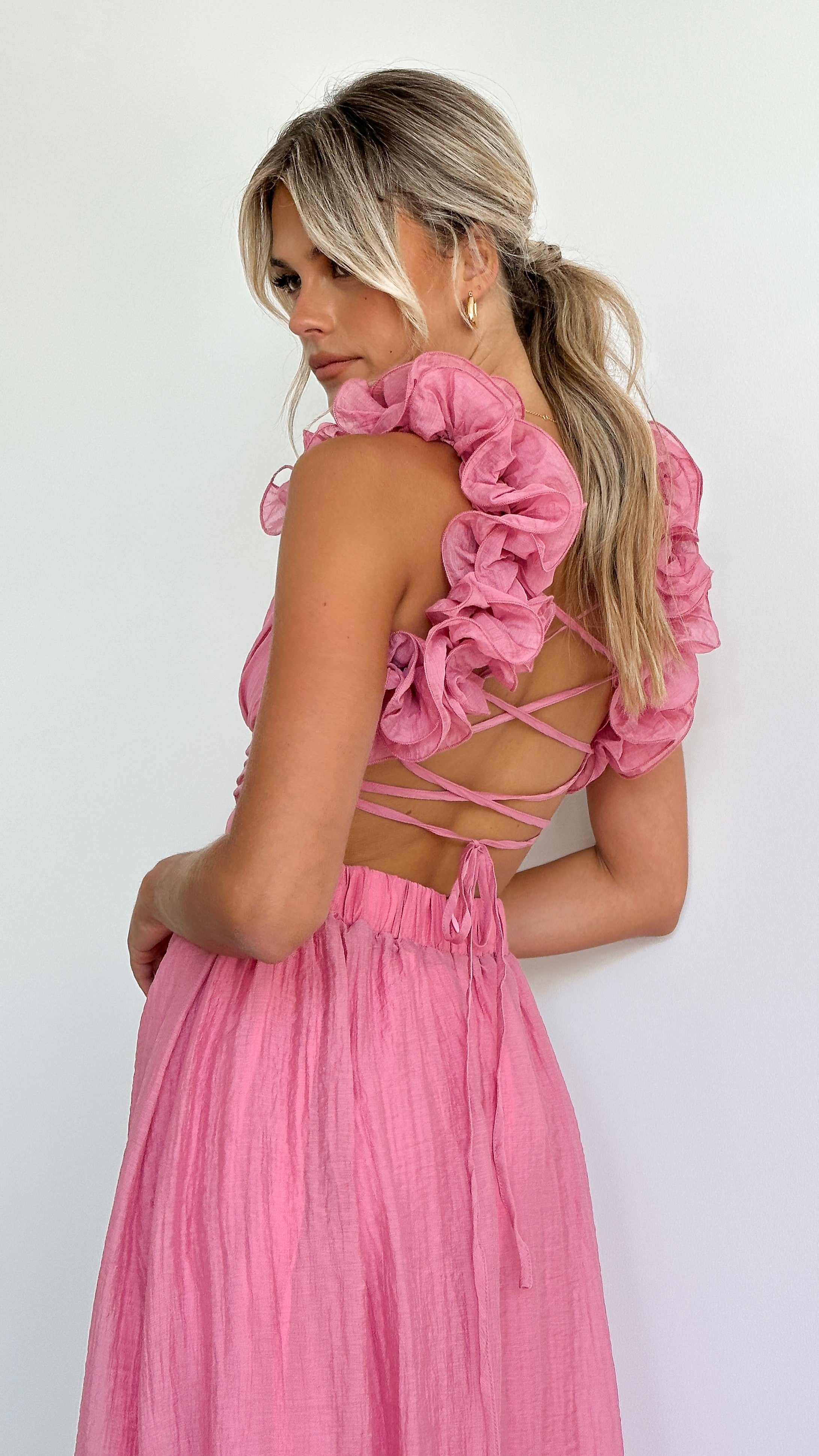 Bella - Pink Midi Dress Wedding Guest Wrap Front